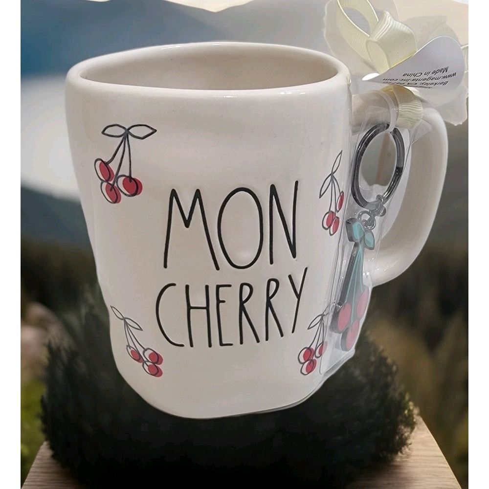 NEW Rae Dunn "MON CHERRY" Cherries 🍒 All Over Coffee Mug With CHERRY Keychain!